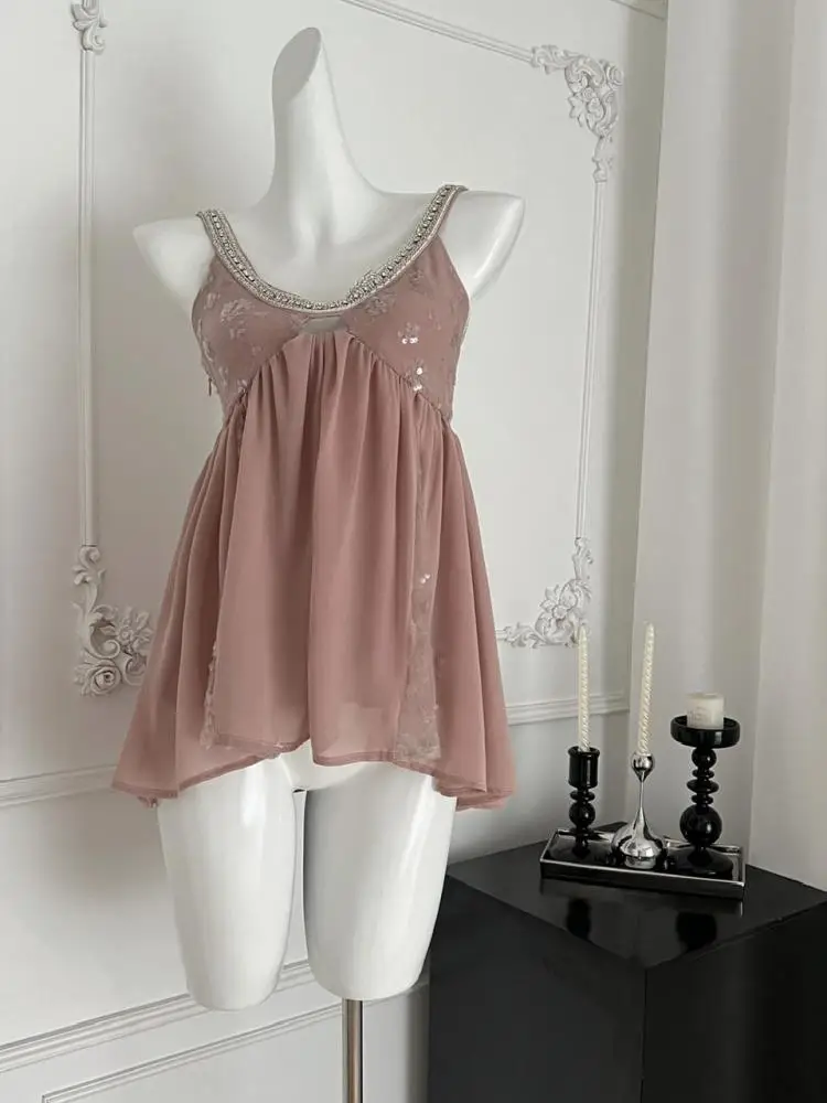 

Vintage Women Pink Sequin Diamond Off Shoulder Round Neck Hollow Out Top Summer Elegant Holiday Backless Pleated Slip Tops Trend