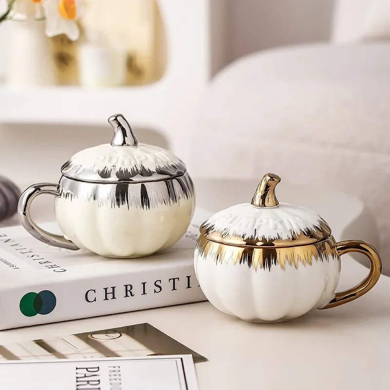 Halloween Pumpkin Ceramic Mug, Large Capacity Coffee Cup with Lid & Spoon, Festive Drinkware Set, High Aesthetic, Themed Present