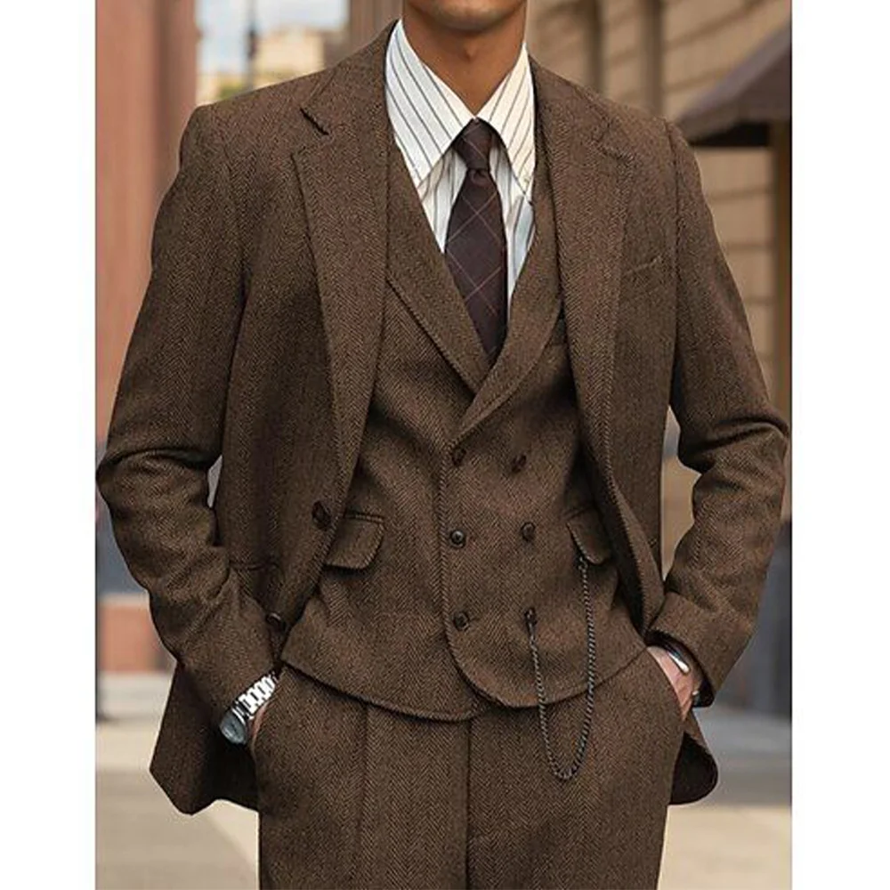 

Mens Herringbone Suit 3 Piece Set Single Breasted Comfort Breathable Slim Fit Business Casual Suits for Men Wedding Formal Offic