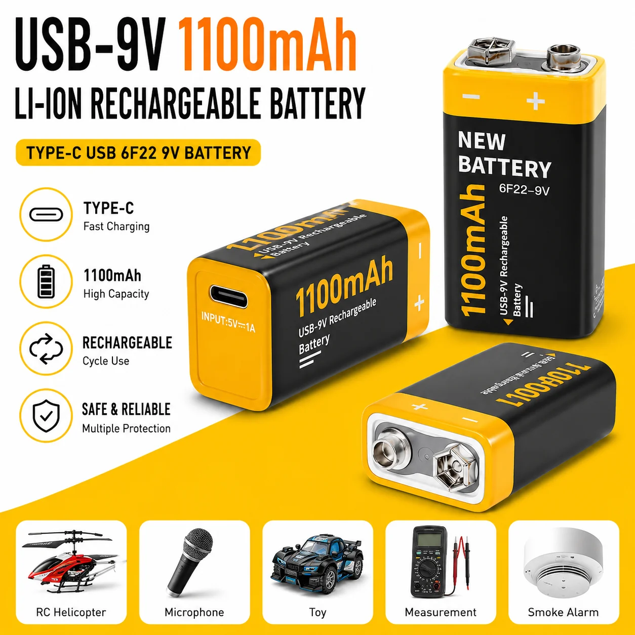 USB-9V 1100mAh Li-ion Rechargeable Battery Type-C USB 6F22 9V Battery for RC Helicopter Model Microphone Toy