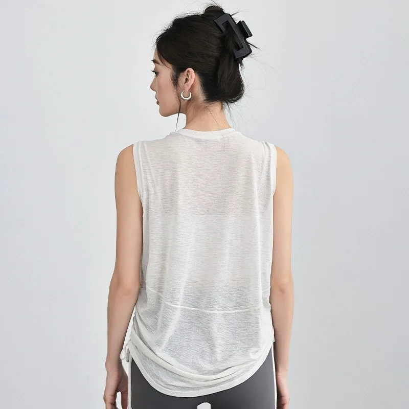 

Женская блузка для йоги из бамбуковой пряжи с круглым вырезом, летний дышащий спортивный топ без рукавов с завязками по краю, свободный жилет для йоги