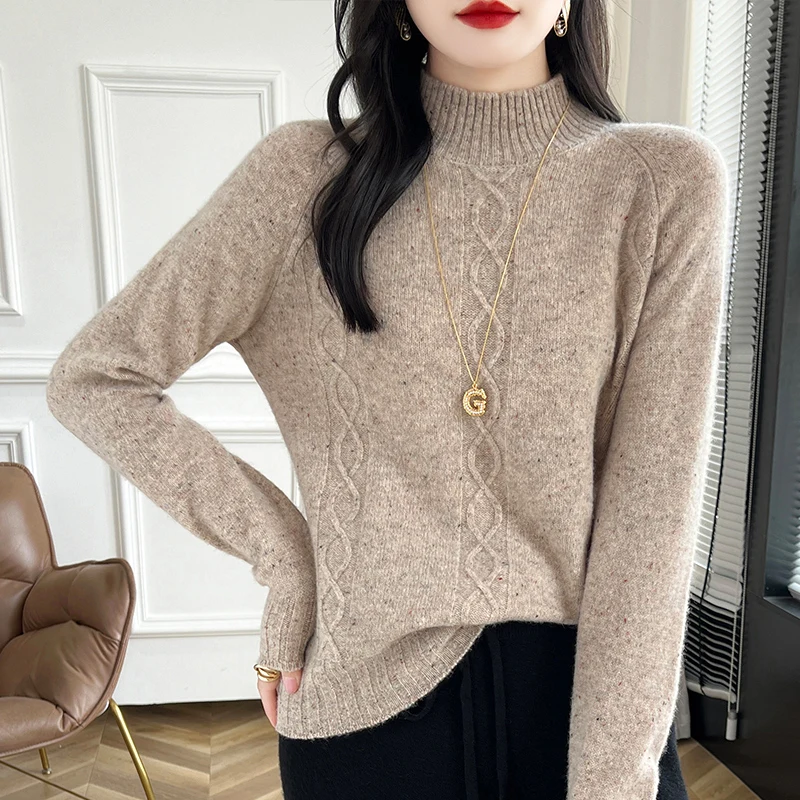 2024 Autumn/Winter New 100% Wool Half High Collar Sweater Women\'s Casual Knit Pullover Loose Fashion Sweater Versatile Soft Tops