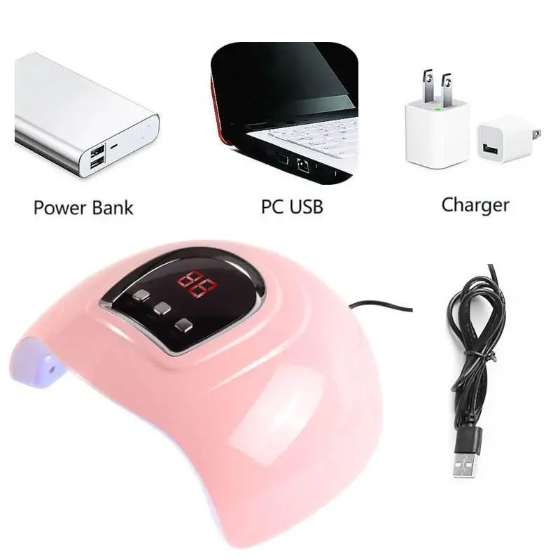 USB plug-in portable gel nail light with ultraviolet light-emitting diodes for nail care. Comes with 3 timer settings.