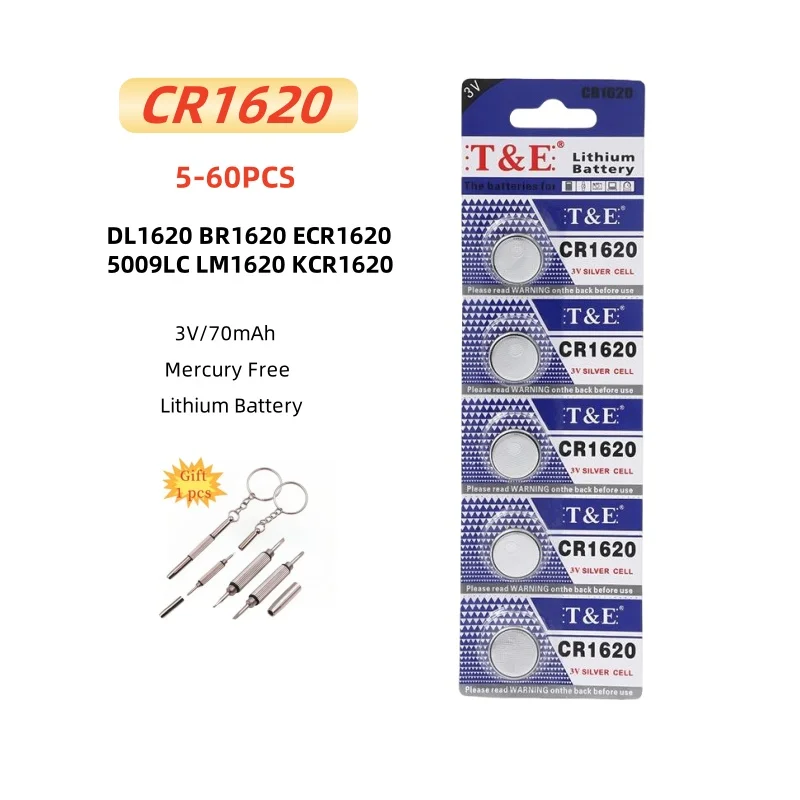 

5-60PCS CR1620 Battery DL1620 BR1620 ECR1620 5009LC LM1620 KCR1620 3V Lithium Battery For Watch Car Key Remote Button Coin Cells