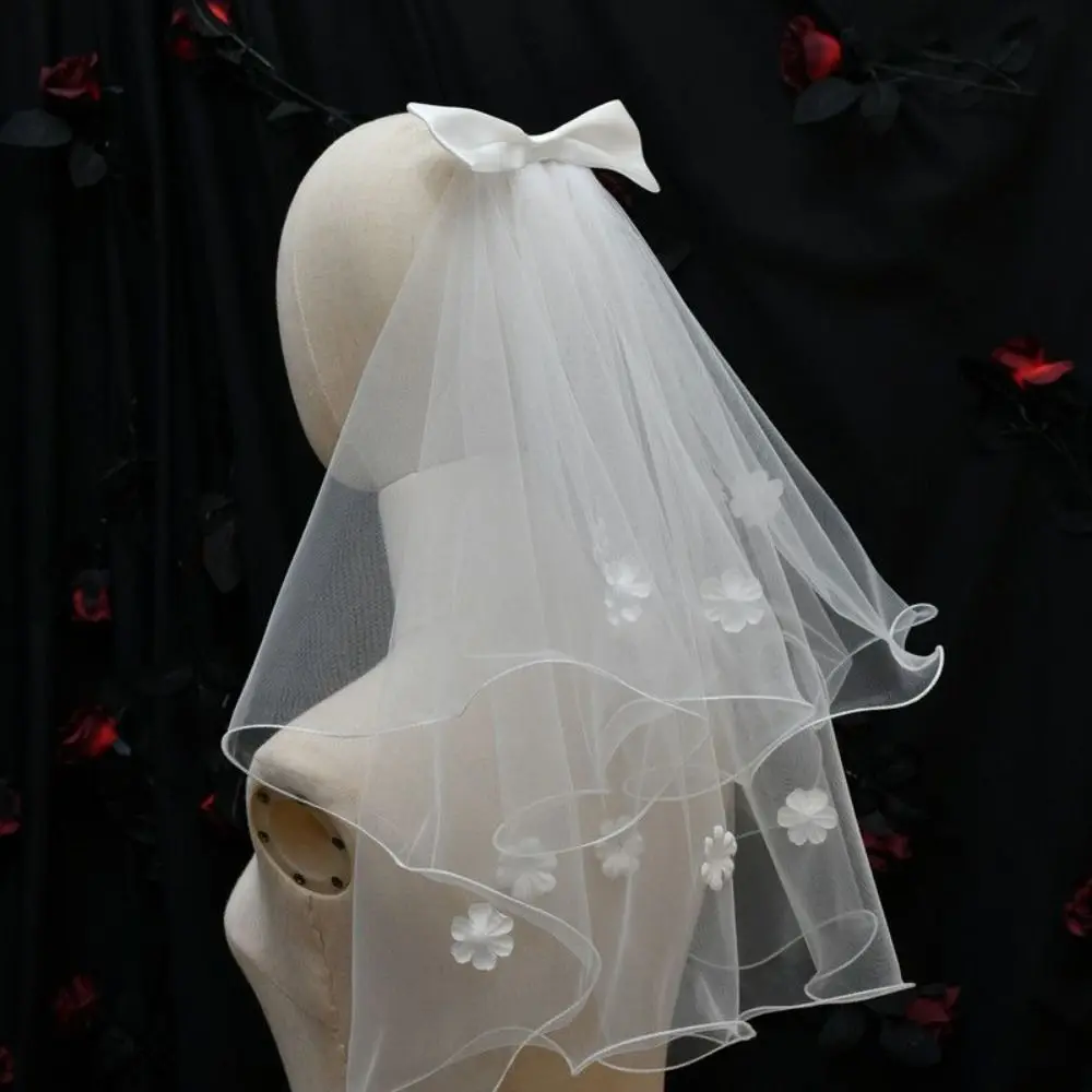 Short Flower Bridal Veil Bow Ribbon Bride Head Gauze Bridal Headdress Pearl Marry Veil Women