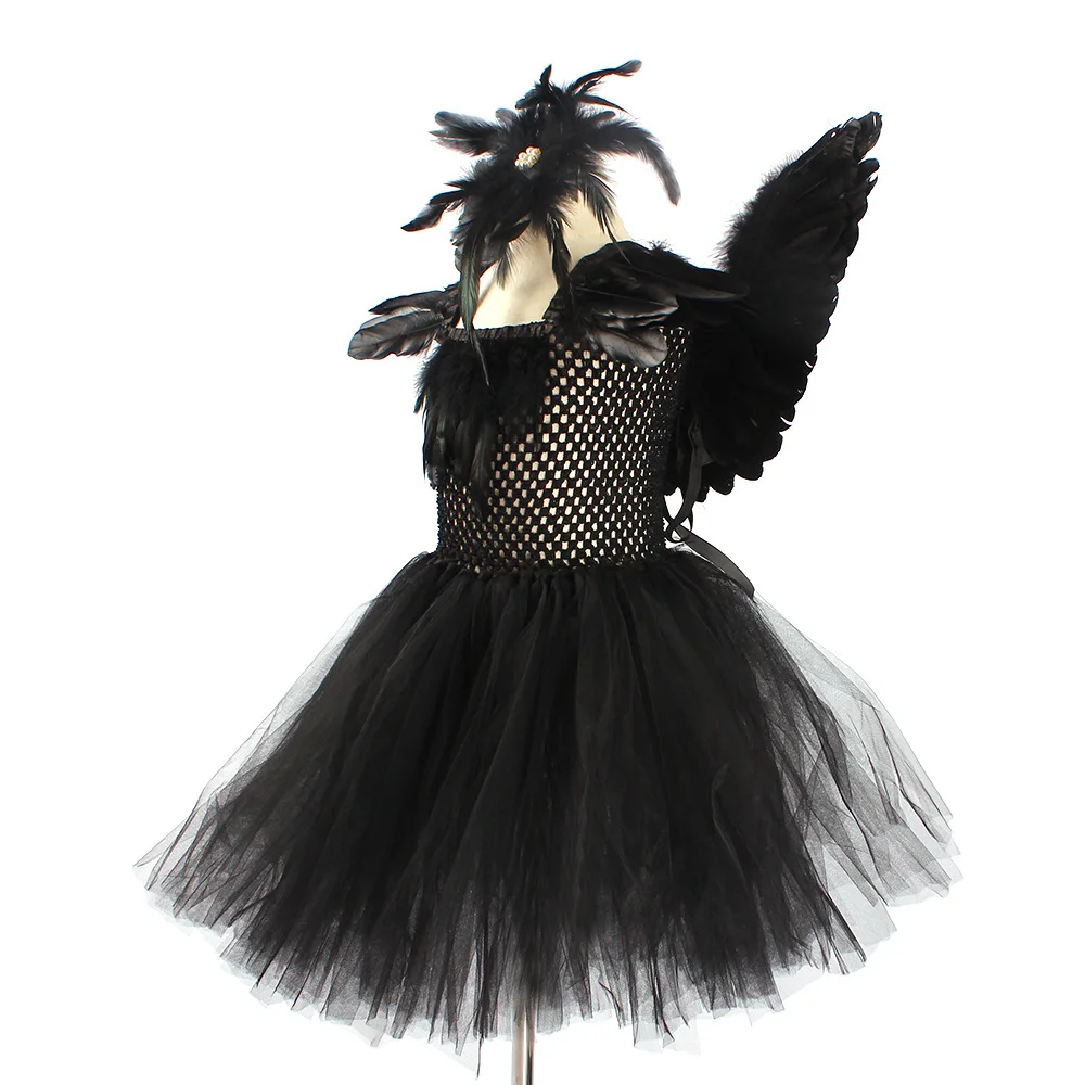 Kids Halloween Black Swan Dress Angel Demons Tutu Dress Girls Cosplay Maleficent Dark Queen Costumes Clothes Outfit 2-12Y