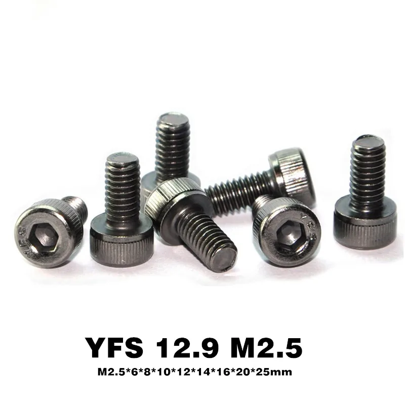 

100Pcs YFS M2.5 Hexagon Socket Head Cap Allen Bolt Screw M2.5*8*10*12*14*16~30mm Grade 12.9 Black Nickel Plating Antirust Screws