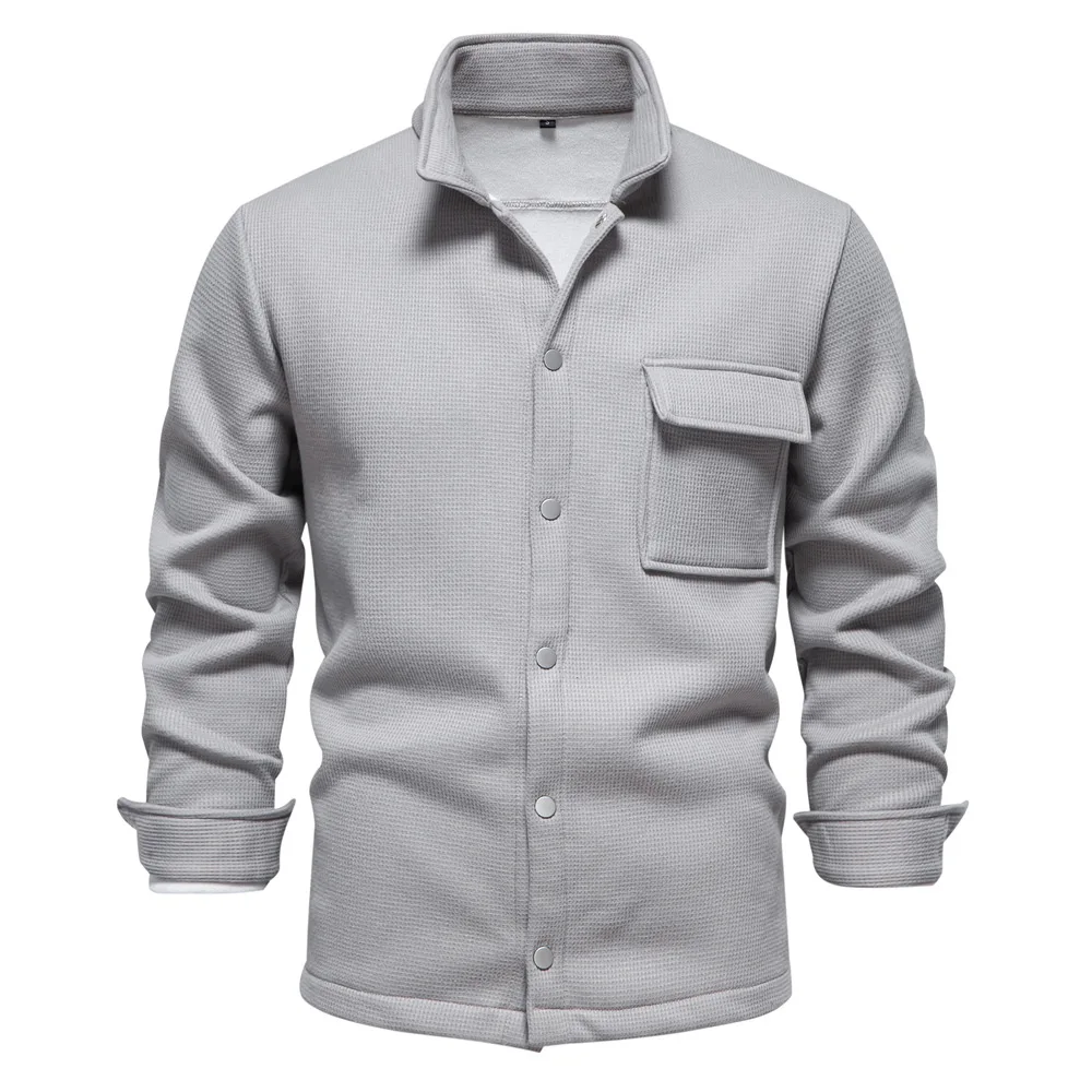 Autumn Winter Fleece Waffle Lapel Zip-Up Jacket Men's Pocket Casual Outerwear