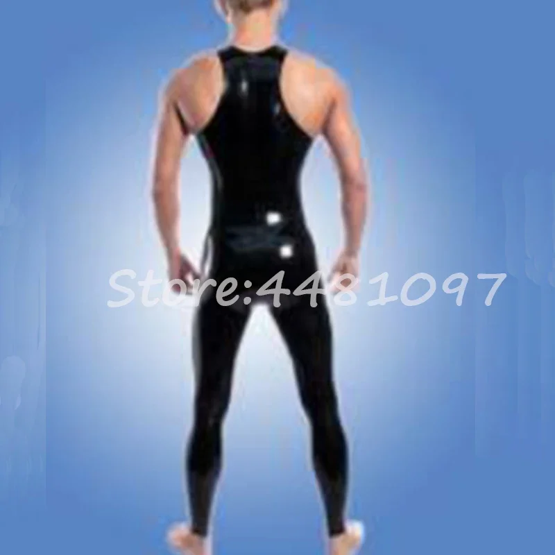 Black Latex Catsuit Rubber Jumpsuit Tight With Crotch Zipper U-neck Vest for Men XS-XXXL