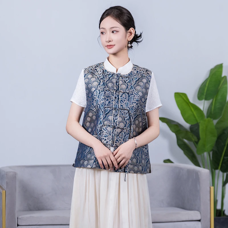 

Высококачественный шелковый жилет в традиционном китайском стиле «Сонцзин» для женщин, осенняя верхняя одежда 2025 года, элитный, с круглым вырезом, с растительным и цветочным узором...