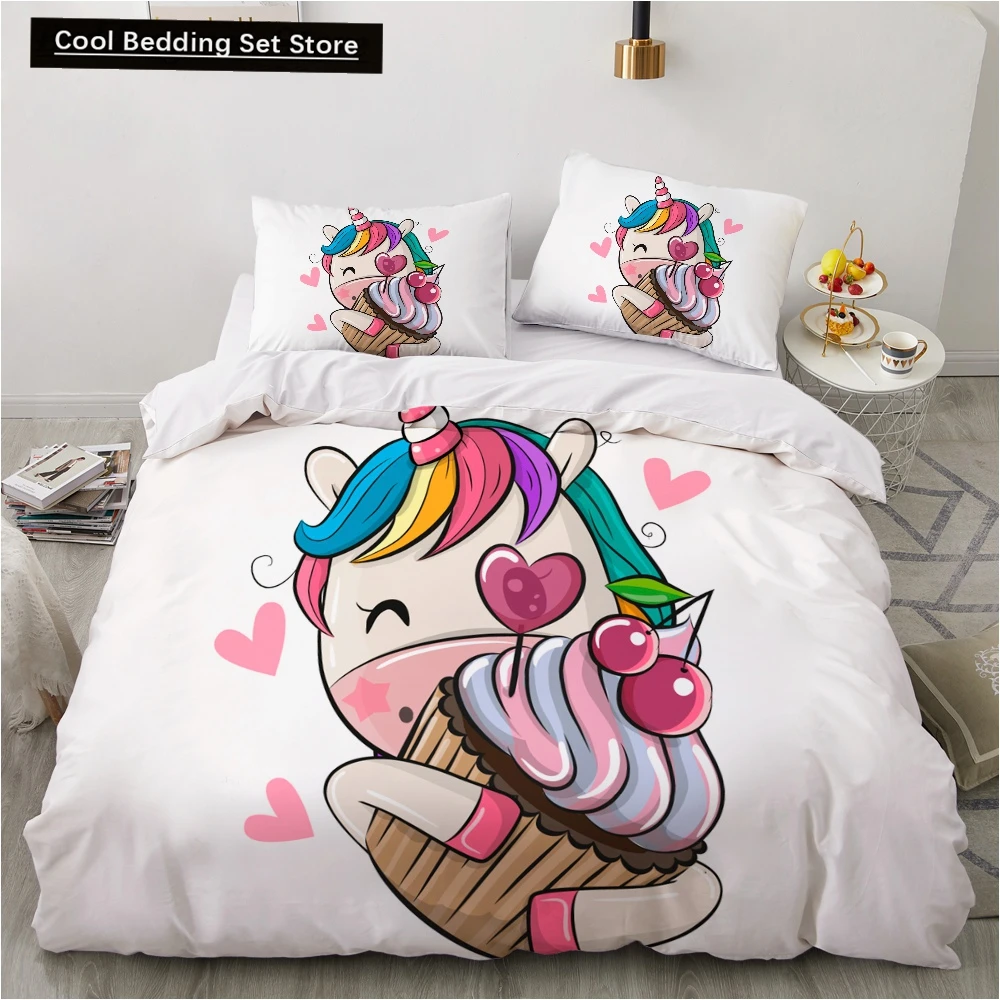 Children Kids Baby Pink Bedding Set Queen King Cartoon Unicorn White Duvet Cover Twin Full Colorful 2/3pcs Polyester Quilt Cover