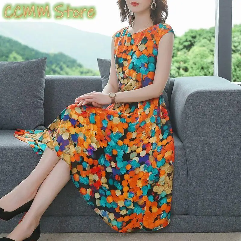 

Commute Sleeveless Folk Midi Dress Female Clothing Casual Round Neck A-Line Waist Fashion Vintage Printed Summer Thin Dresses
