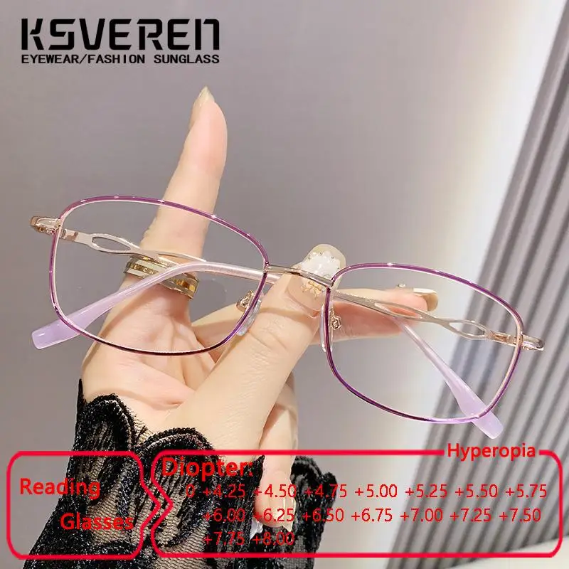 

KSVEREN Women Metal Anti Blue Light Reading Glasses Presbyopia Eyewear Readers Optical Glasses Prescription Glasses To+8.0