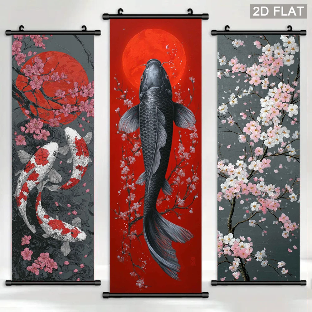 VIKAMA Vertical Koi Cherry Blossom Scroll Tapestry Narrow Red Moon Auspicious Koi Wall Hanging for Bedroom Home Decor Wall Art