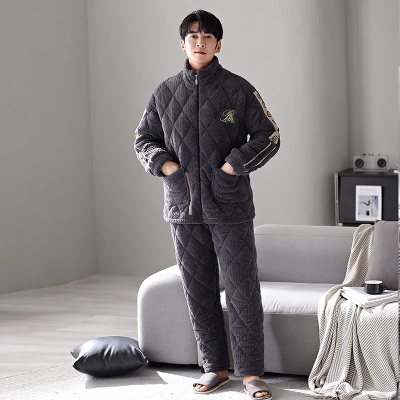 

Men's Zipper Pajamas Set Winter Thick Warm Flannel Sleepwear 3 Layer Clip Cotton Pajamas Set