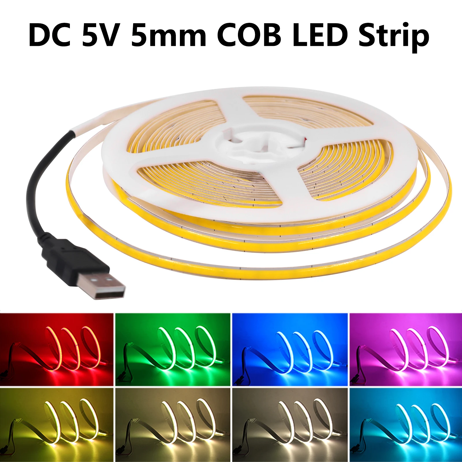 5V USB COB LED Strip 5MM 320LEDs/m Adhesive Tape Flexible Ribbon Red Blue Green Pink Yellow White COB Strip Light TV Backlight
