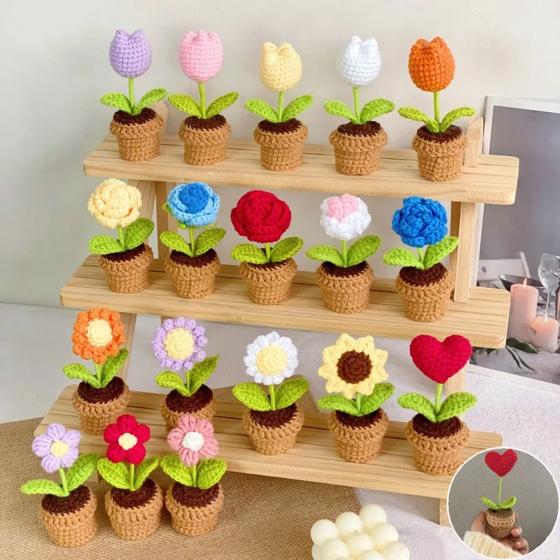 New Hand Knitting Potted Plants Handwoven Rose Sunflower Tulip Crochet Flower Bouquet Potted Ornament Table Home Room Decoration