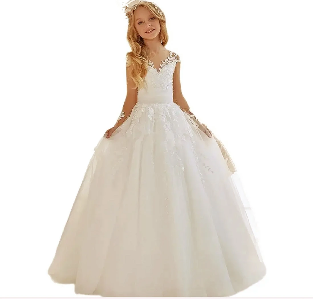 

White V-neck Lace Flower Girl Dresses Long Sleeves White First Communion Gown Formal Birthday Party Dress