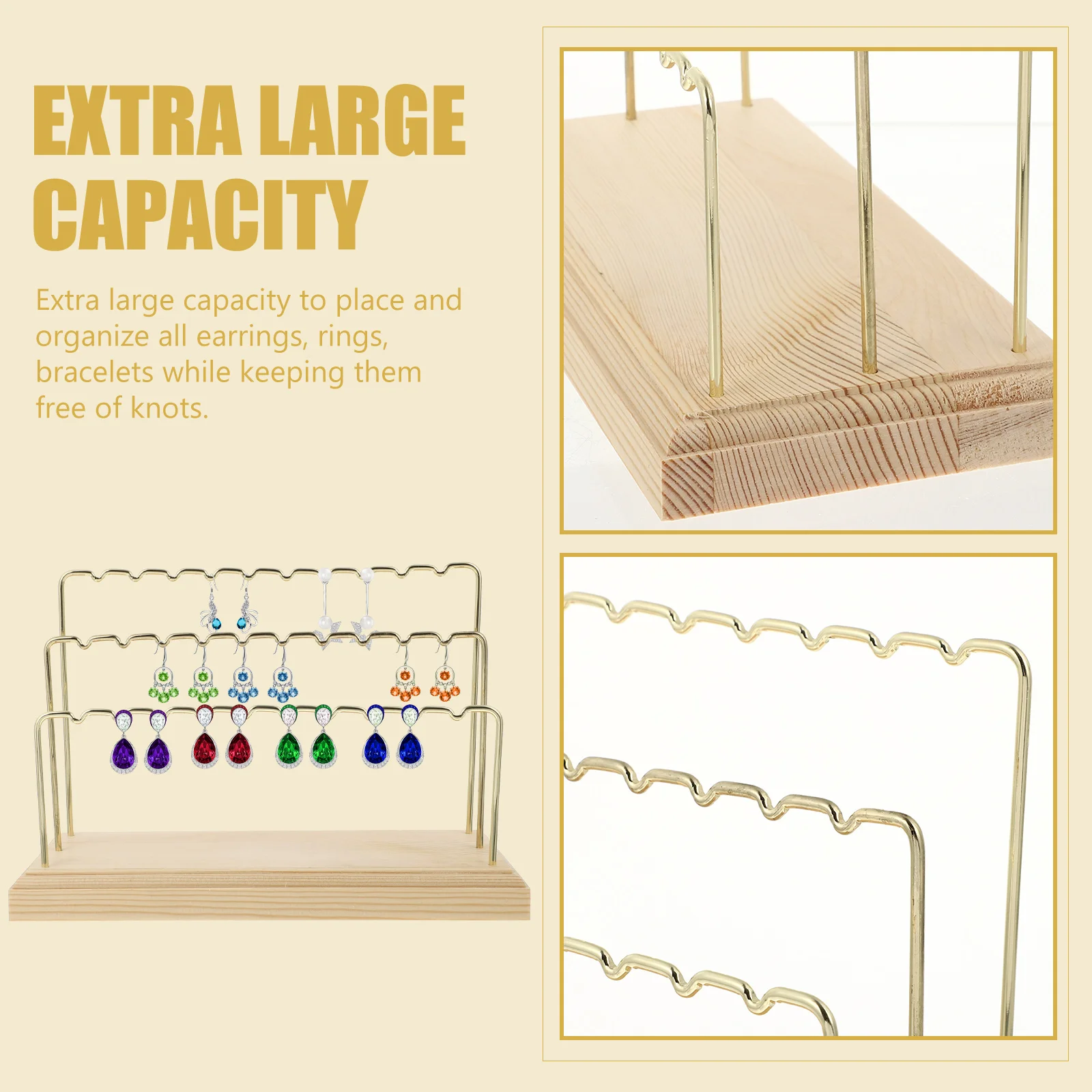 

Golden Wood Earring Holder Stand Jewelry Organizer Display Rack for Hanging Studs and Dangles 2025 New Arrival