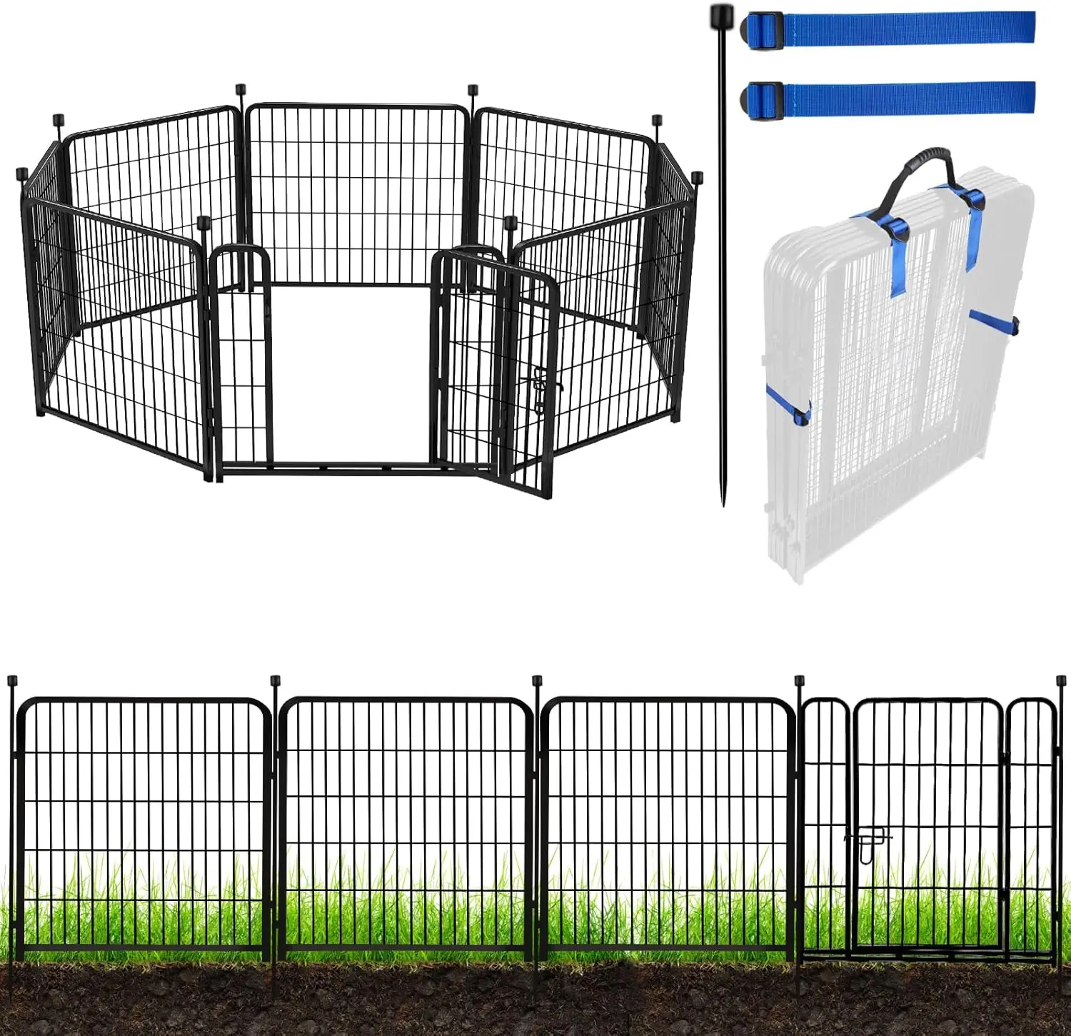 32 in(H) Garden Fences and Borders,1 Gate+7 Panels Dog Fence Outdoor for Yard, Heavy Duty Iron Metal,Total 17.7 Ft(L), Black