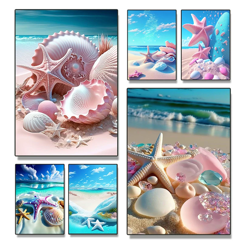 Schlichte Rosa Perlen Muschel Seestern Küsten-Strand Poster Mädchenhafter Sommer Diamantmalerei Wandkunst Trendige Wanddekoration für Zuhause