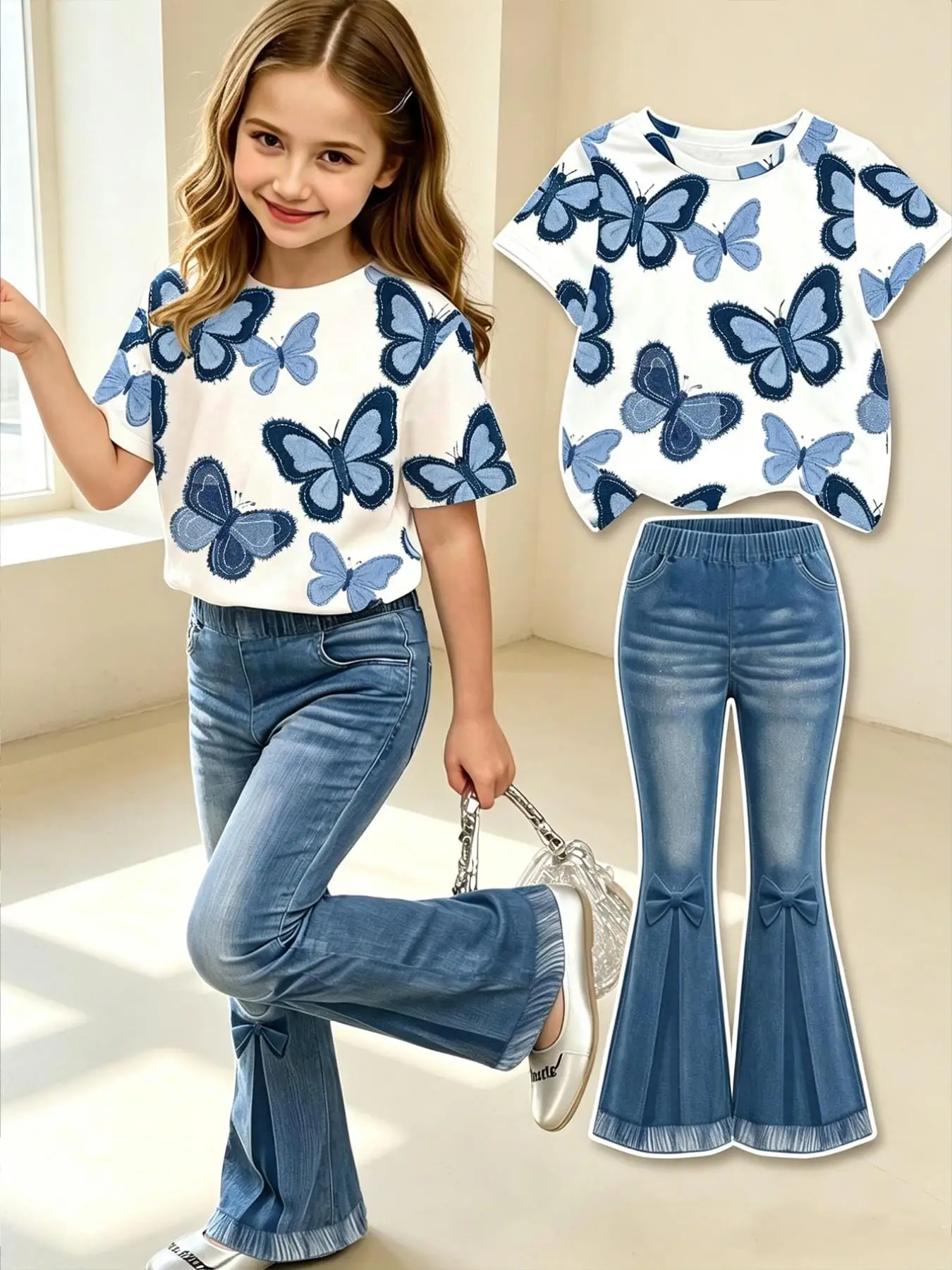 Girls' Casual Outfit: Blue Butterfly Print Short-Sleeve T-Shirt + Bow Print Flared Faux Denim Pants Two-Piece Set, Suitable for Children over 3 Years Old, Versatile Clothing for Home and Outings