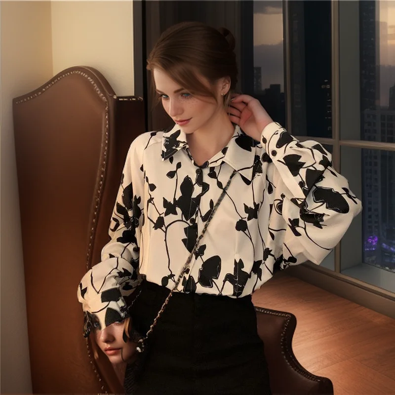 Plus Size 3XL 130kg Autumn Women's Shirts and Blouses Long Sleeve Floral Printed Korean Style Elegant Top Large Women Clothing