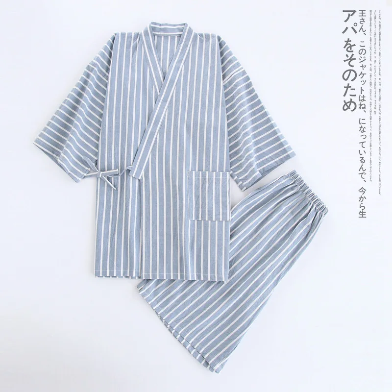 Pyjama en Coton Délavé à Rayures Fines pour Homme et Femme, Kimono Japonais à Manches Courtes, Ensemble Décontracté, Automne