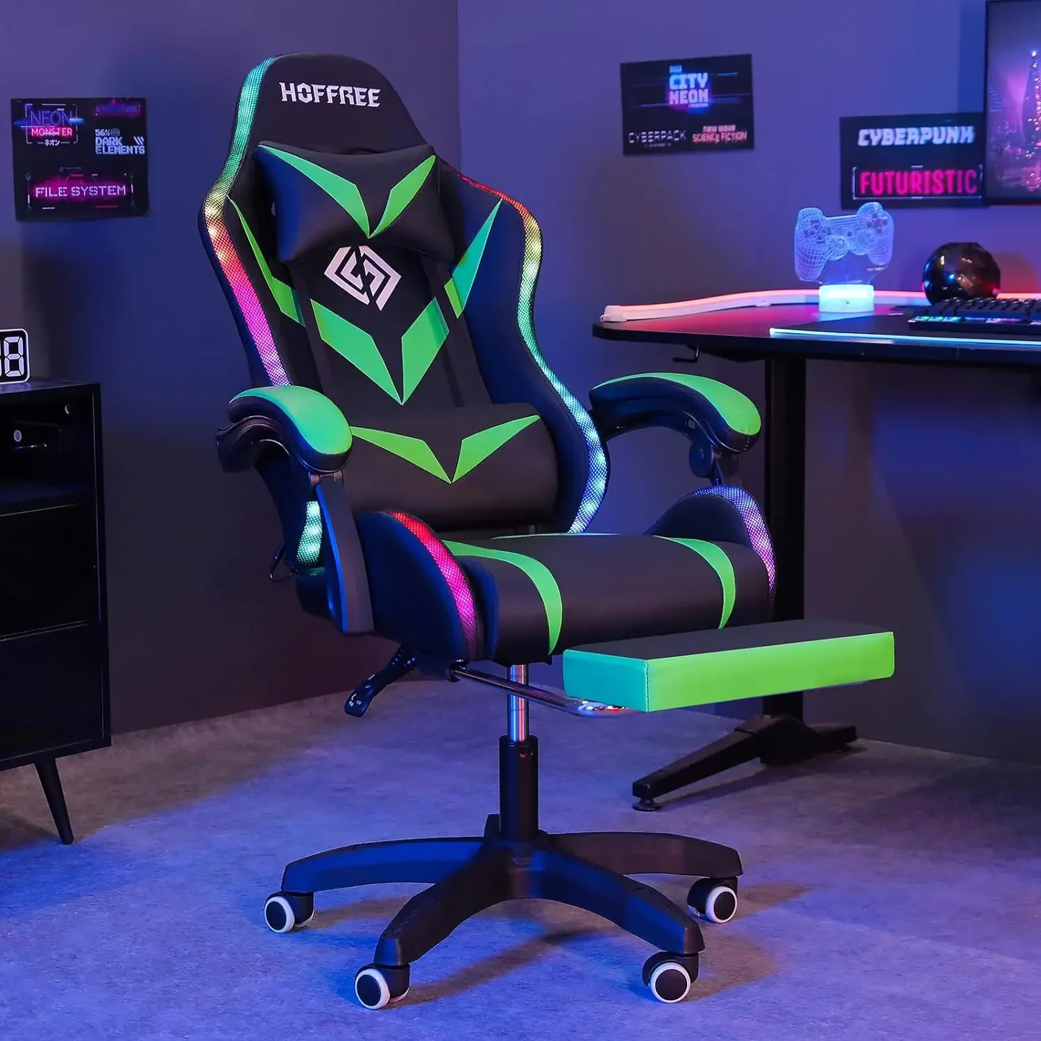 Gaming Chair with Bluetooth Speakers and RGB LED Lights Ergonomic Massage Computer Gaming  with Footrest Video Game Chair