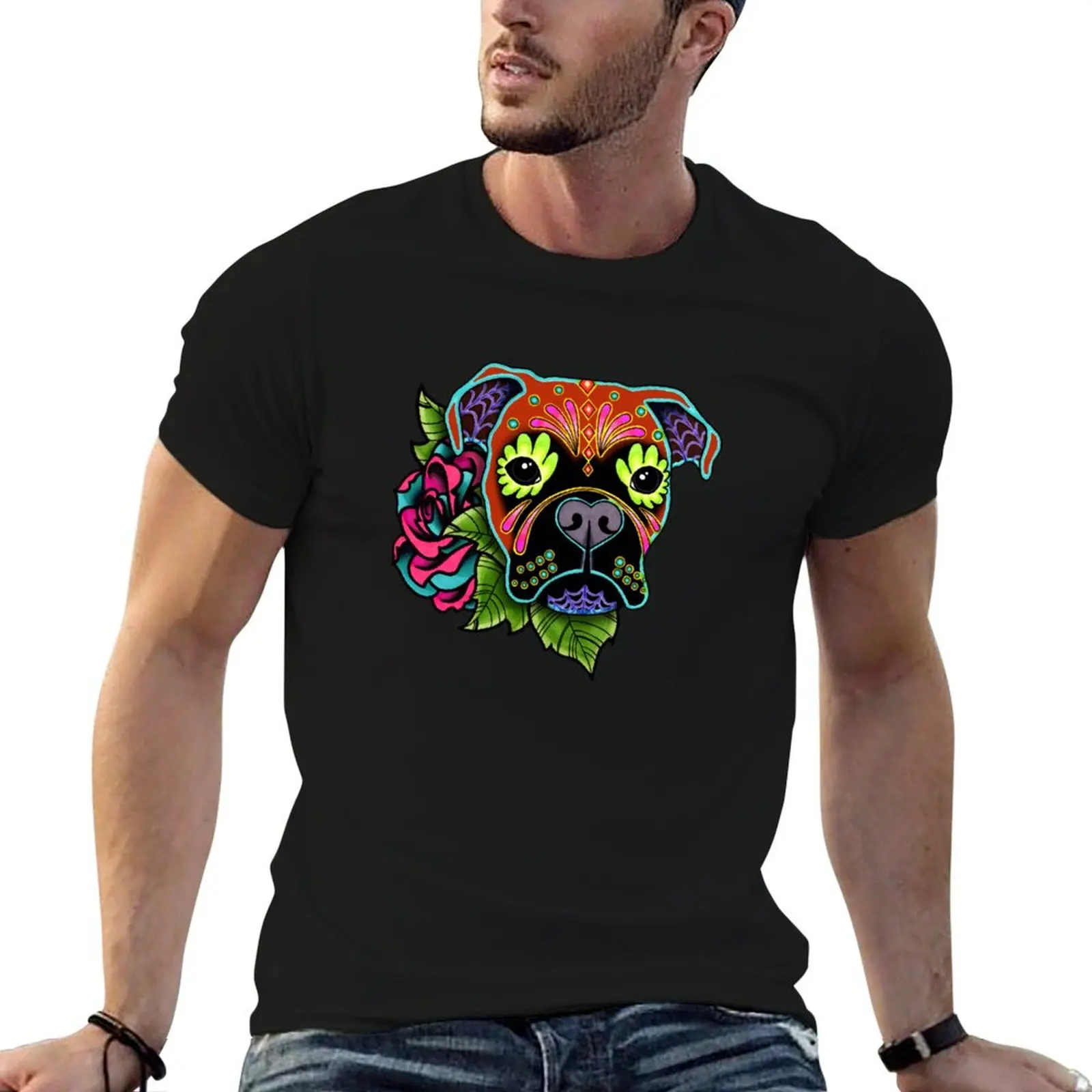 Boxer in Fawn - Day of the Dead Sugar Skull Dog T-Shirt graphic tee shirt cute clothes mens big and tall t shirts