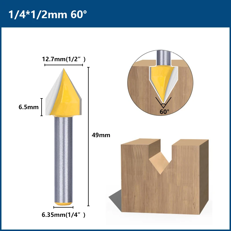 Xcan v groove bit 60/90 graus 1/4 shank com 1/2 diâmetro carboneto fresa de madeira, carpintaria roteador bit