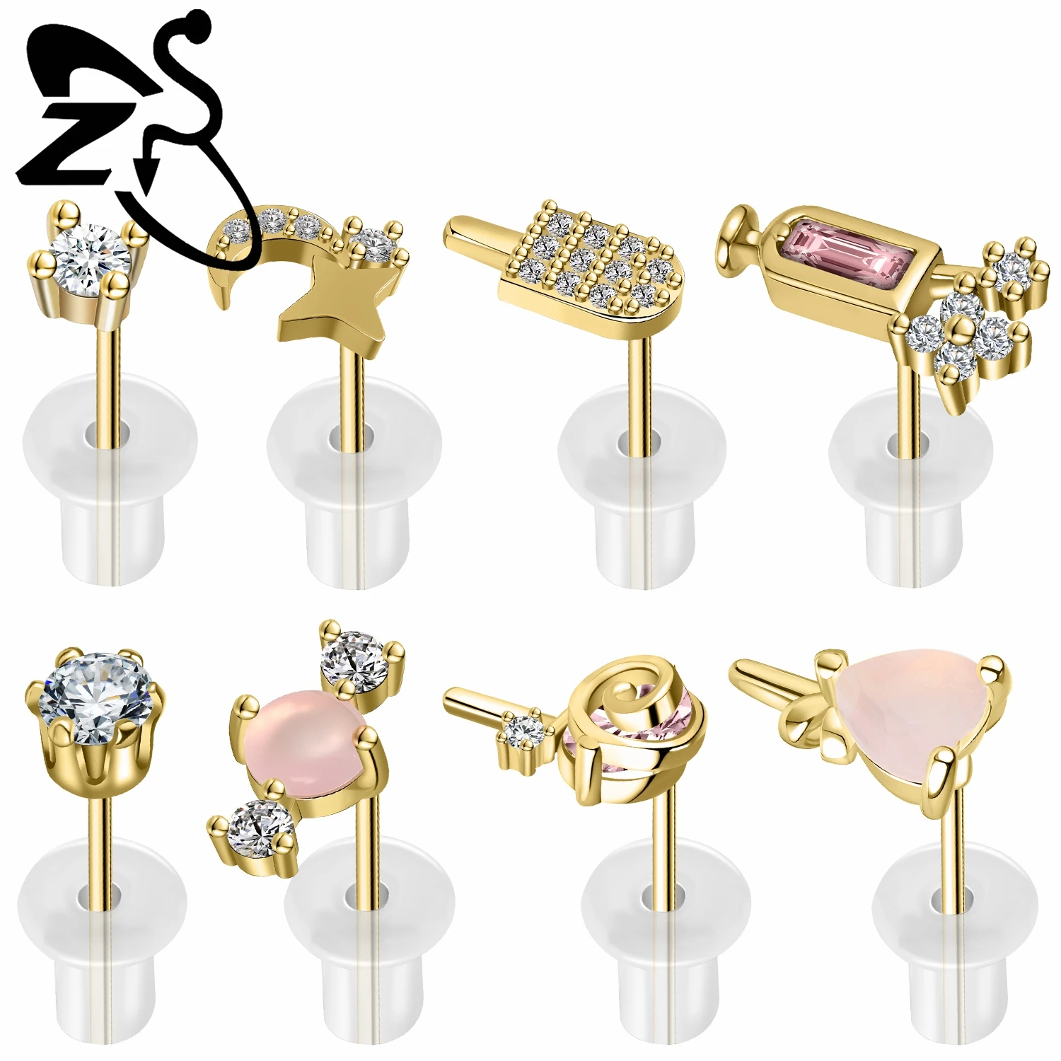 

ZS 1 PC 925 Sterling Silver Stud Earrings Women Pink CZ Crystal Ear Studs Candy Heart Moon Cartilage Helix Lobe Piercings 0.7MM