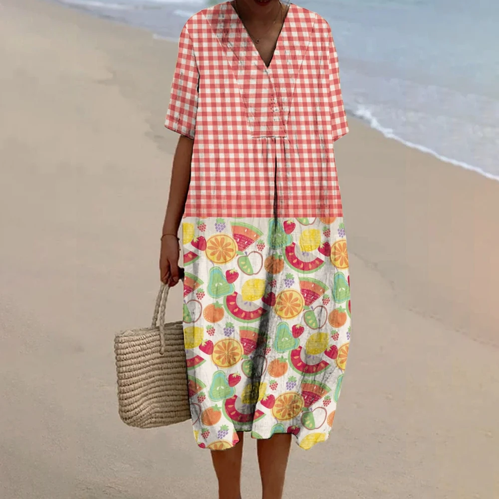 Women’s Perfect Summer Dress Red & White Checkered Fruit Skirt Fruity Fusion Dress Versatile Summer Island Vibes Dress