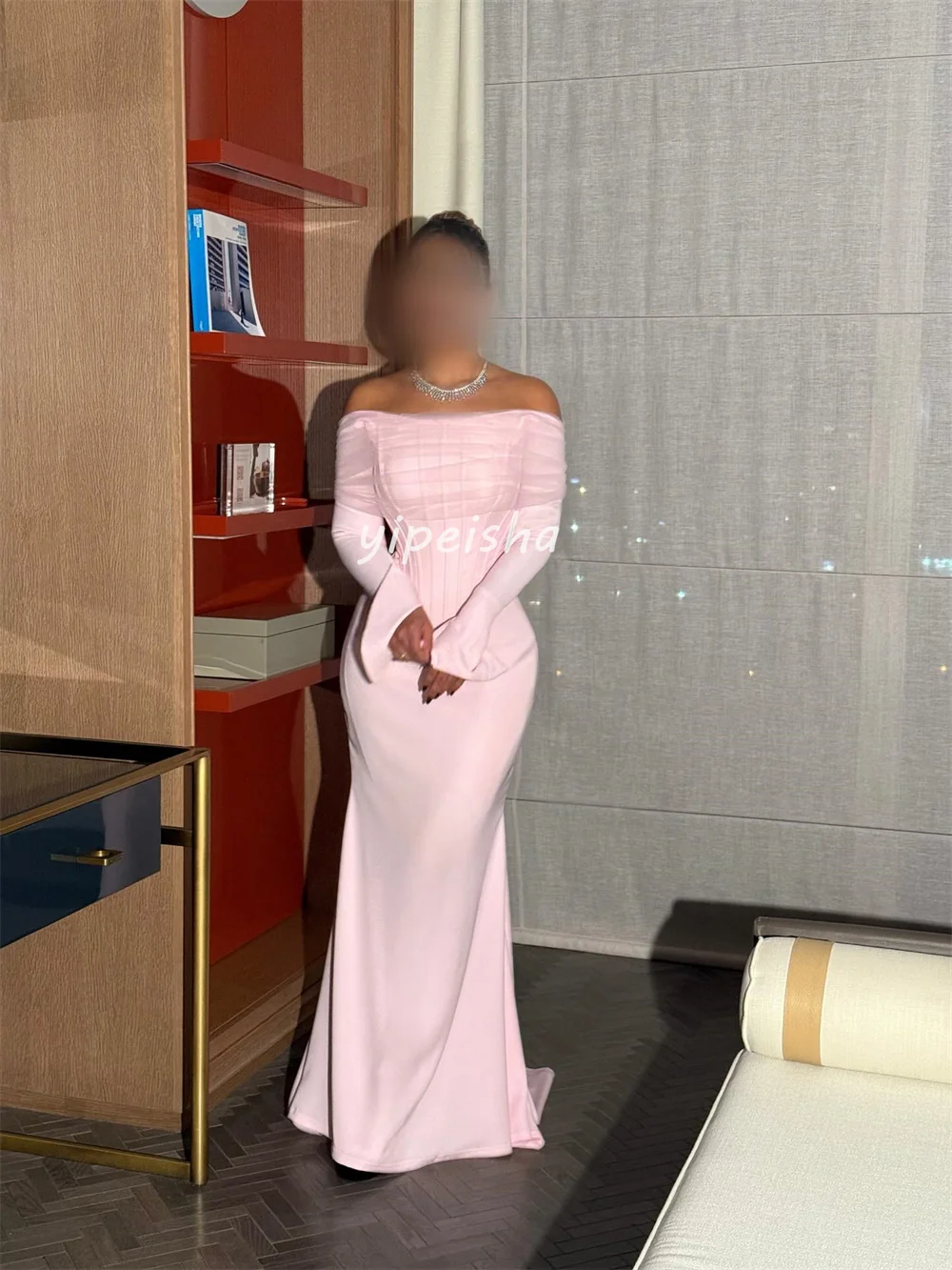 تخصيص جودة عالية بسيطة جيرسي الطية Ruched حورية البحر خارج على الكتف فساتين طويلة فساتين السهرة رائعة أنيقة مثير #5