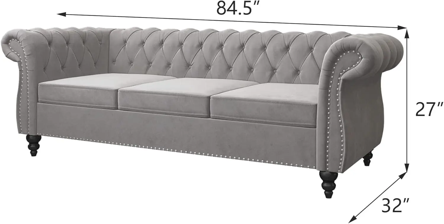 3 Piece Living Room Set, Velvet Chesterfield Sofa Loveseat Couch Chair with Scroll Arms and Nailhead for Living Room, Office