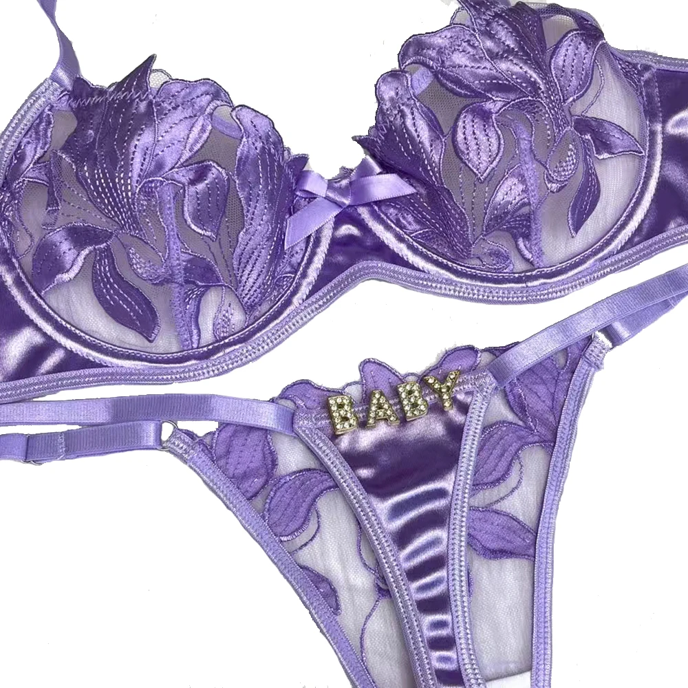Custom Lingerie Thong Name Bra Sets Women Customize Underwear Hotwife Lingerie Lace Flower String Underpants Personality Panties