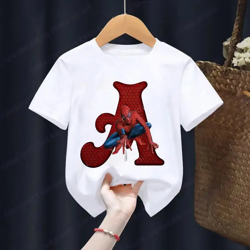 Children Cotton T-Shirt Girl Boy Marvels SpiderMan Letter A-Z Kawaii Cartoons Clothes Kid Tee Shirts Baby Casual Fashion Top