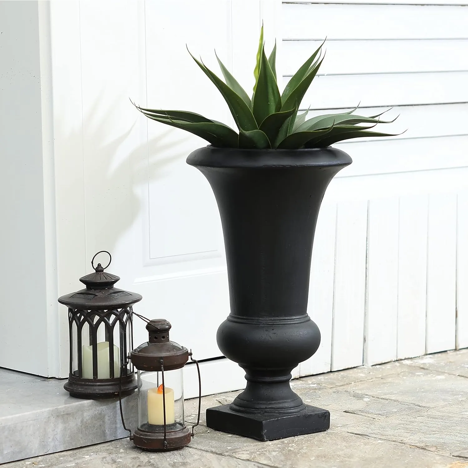 

22"Fiber Stone Tall Urn Planter for Outdoor Plants,Black Large Flower Pots for Front Porch,Outdoor Use in Garden Courtyard