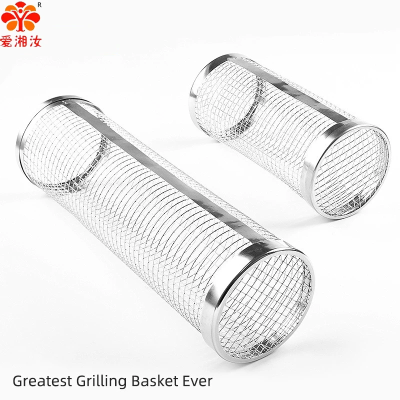 Rolling Grilling Basket,Barrel Barbecue Grill,Round Grill Net,Outdoors Travel Bbq Grill Rack