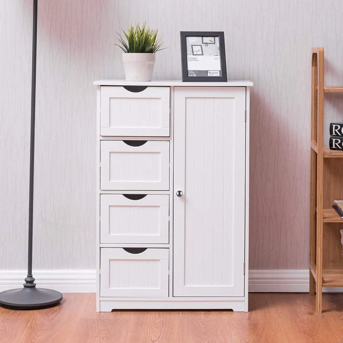 

Wooden Bathroom Floor Cabinet, Side Storage Organizer with 4 Drawers, 1 Cupboard & 2-Shelves, White