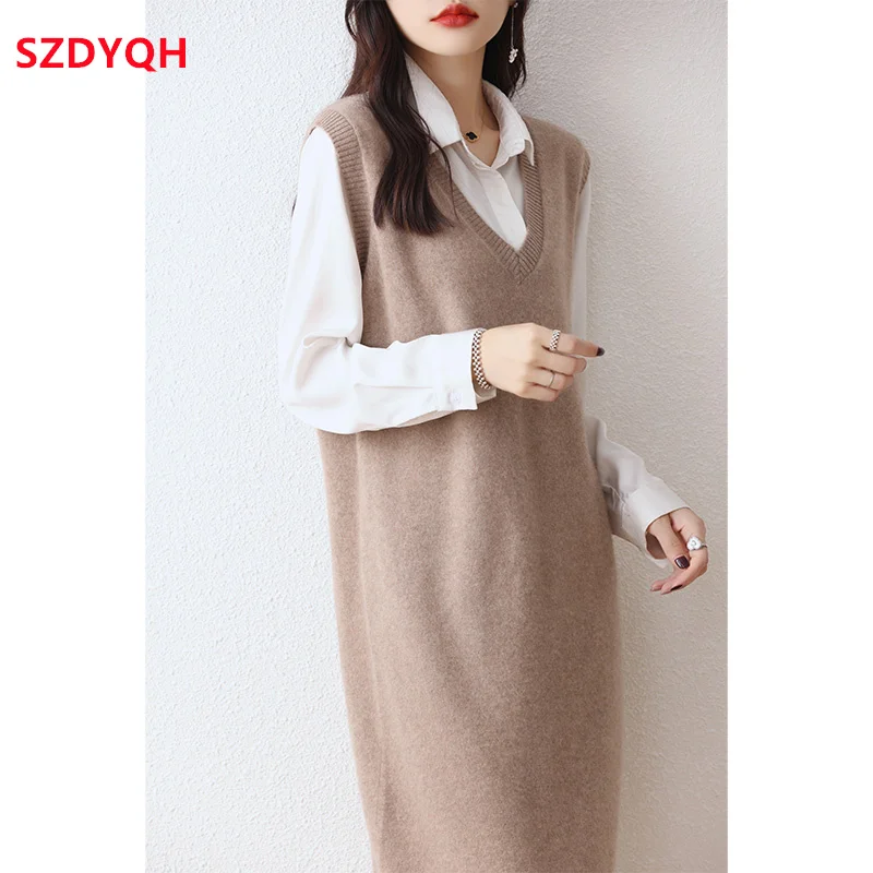 Hot Sale Autumn Winter New Women Dresses Sleeveless Long Sweater Waistcoat 100% Pure Wool Knit Pullover Lady Loose Warm Vest