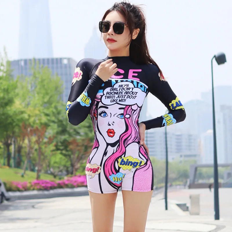 Back Zipper Rash Guard Long Sleeve One Piece Women Swimsuit Diving Suit Traje Surf Mujer Wetsuit Korean Swimwear Bathing Suit