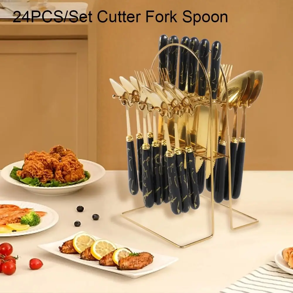 

24pcs Stainless Steel Marbled Tableware Set Nordic Style with Storage Rack Dessert Dinnerware Suit Mirror Polished