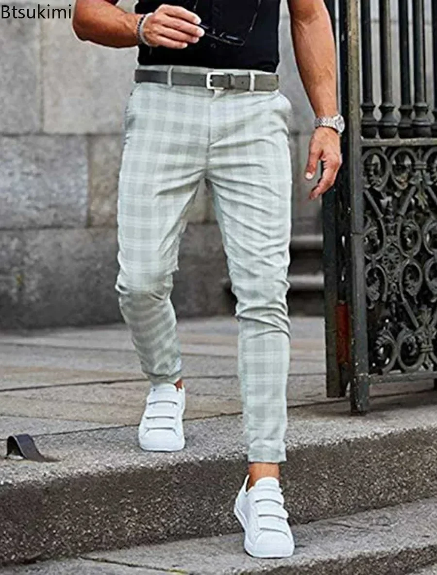 New 2025 Men's Formal Business Suit Pants Fashion Mid-waist Print Plaid Trousers Spring Autumn Comfortable Elastic Pants for Men