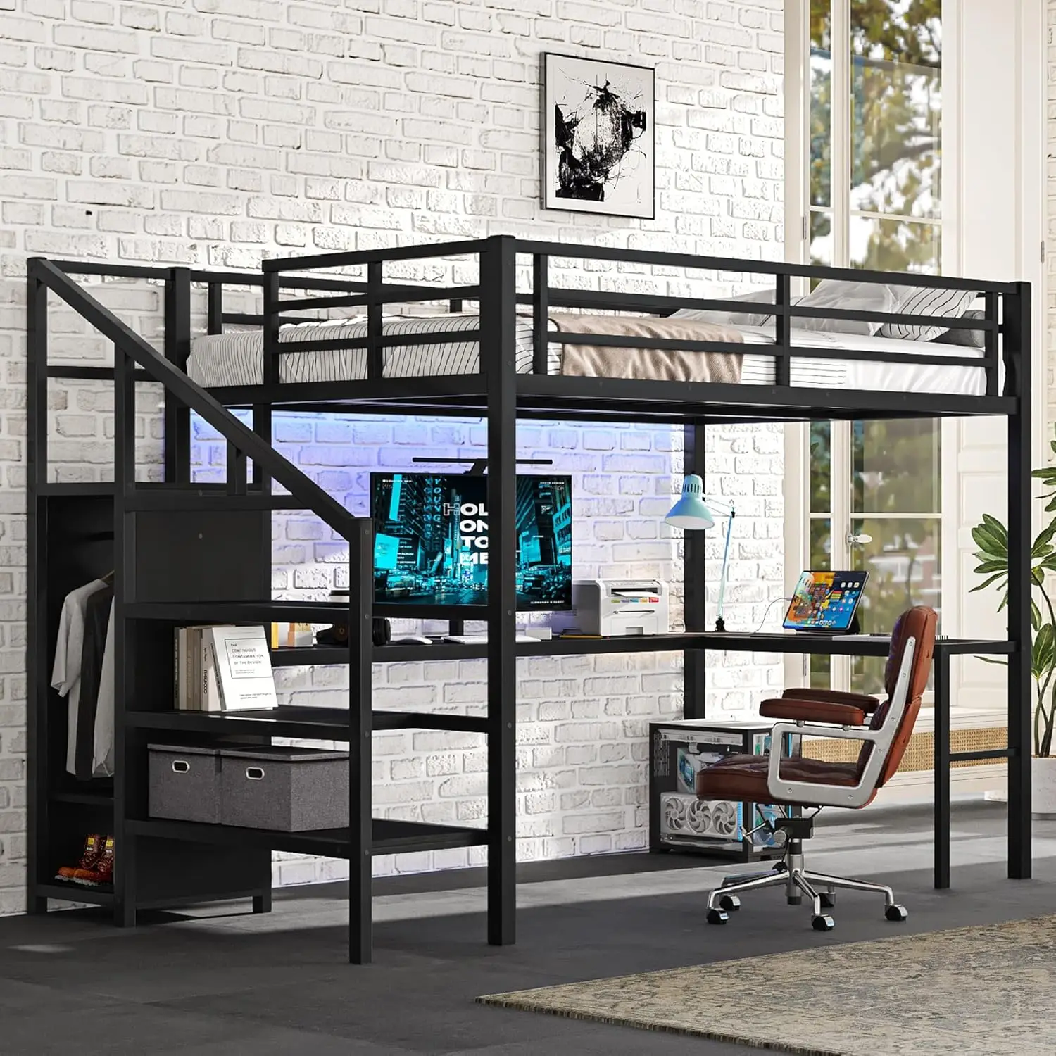

Full Size Metal Loft Bed With L Shaped Desk And Wardrobe, Heavy Duty Loft Bed Frame With Storage Stairs, Led Loft Bed Frame