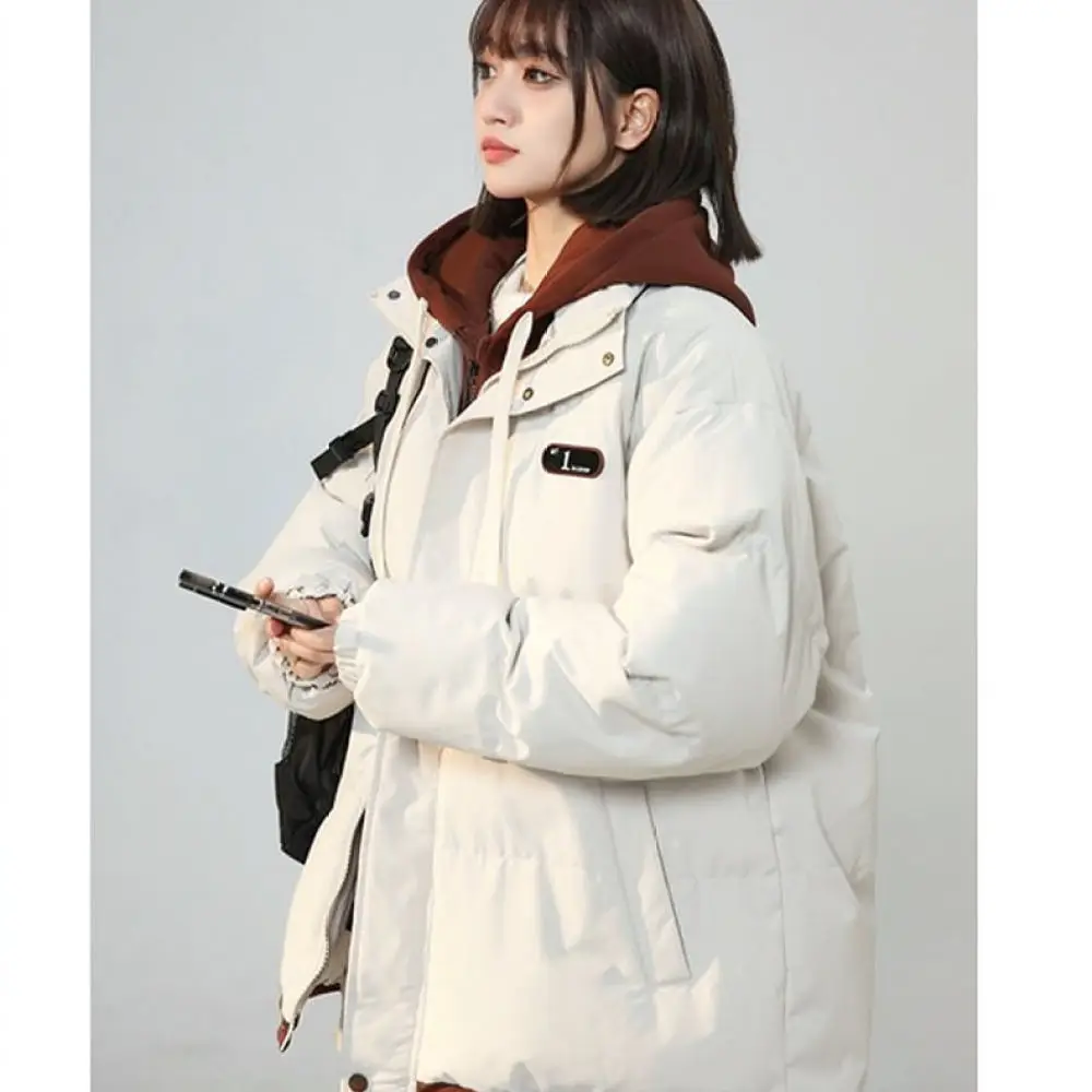 Winter Hooded Cotton Padded Jacket Women Loose Fake Two Piece Bread Coat Thickened Warm Casual Streetwear Couple Outwear