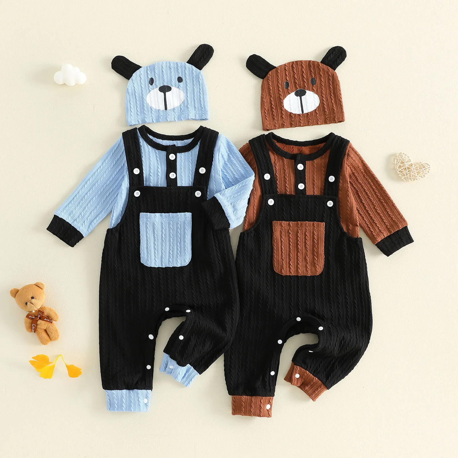 3Pcs Fall Infant Boy Outfit Crew Neck Long Sleeve Contrast Color Romper Suspender Pants Dog Face Print Hat Cute Baby Autumn Set