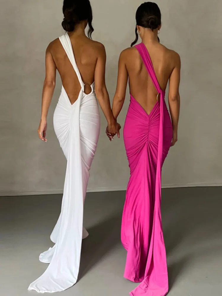 

Oblique Shoulder Backless Maxi Dress For Women Gown Summer Back Strap Sleeveless Ruched Party Sexy Long Dress Vestidos