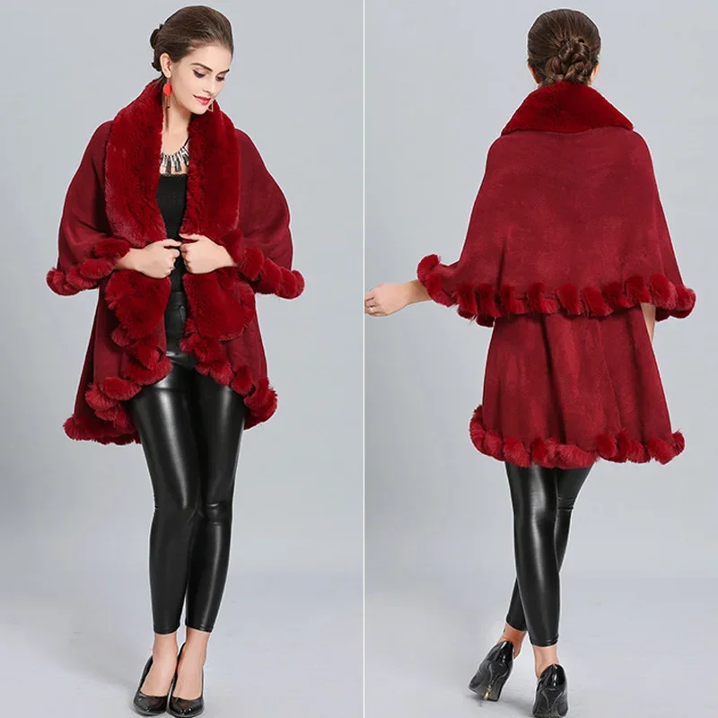 

Fashion Double Layer Handcraft Faux Rex Rabbit Fur Cape Shawl Long Knit Poncho Coat Wraps Fur Pashmina Cloak Women Winter B474