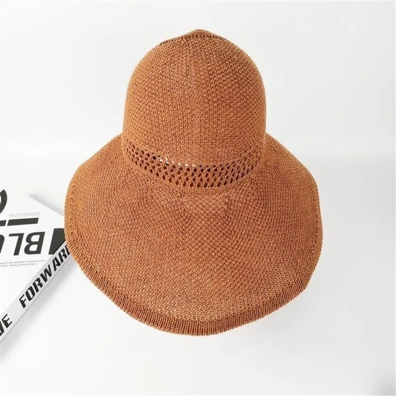 Women Summer Big Wide Brim Straw Hat Female UV Protect Ponytail Beach Sun Hats Hollow Top Foldable Ribbon Bows Ladies Panama Cap